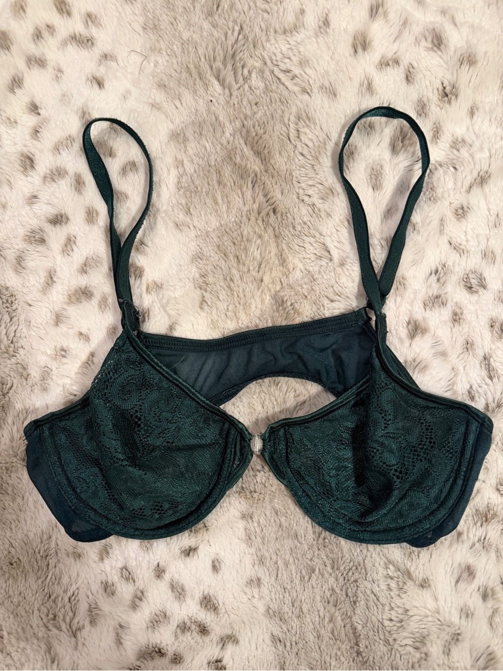 Dark Green Lace Underwire Bra Front Closure Strappy Back